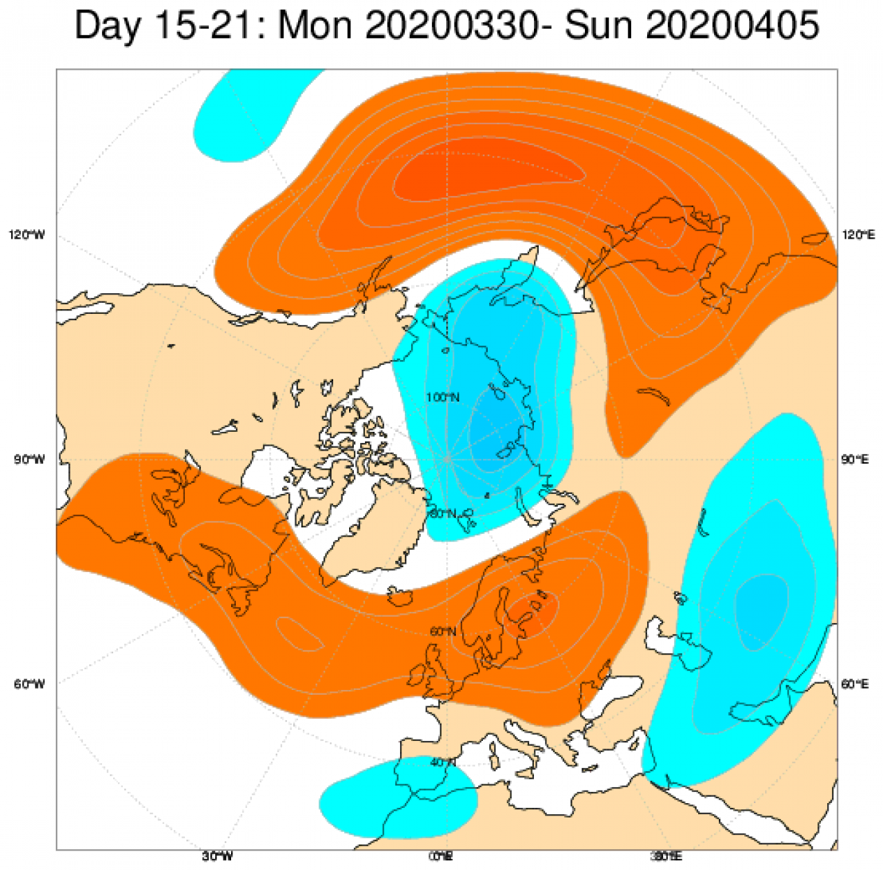 Media di ensemble del modello inglese ECMWF relativa all'anomalia di Altezza di Geopotenziale a 500 hPa (circa 5.500 metri) per il periodo 30 marzo - 5 aprile 2020 