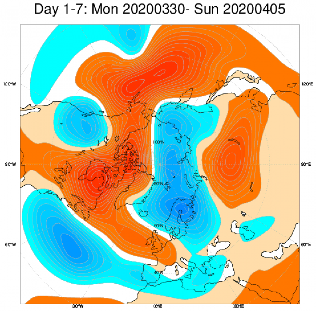 Media di ensemble del modello inglese ECMWF relativa all'anomalia di Altezza di Geopotenziale a 500 hPa (circa 5.500 metri) per il periodo 30 marzo - 5 aprile 2020