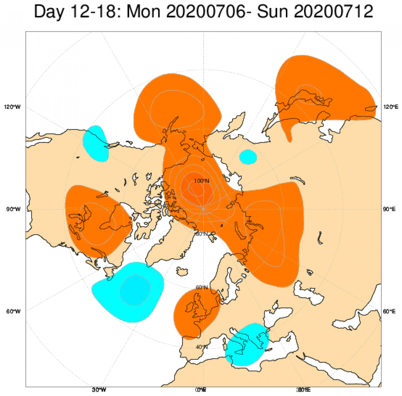 Media di ensemble del modello inglese ECMWF relativa all'anomalia di Altezza di Geopotenziale a 500 hPa (circa 5.500 metri) per il periodo 6-12 luglio 2020 