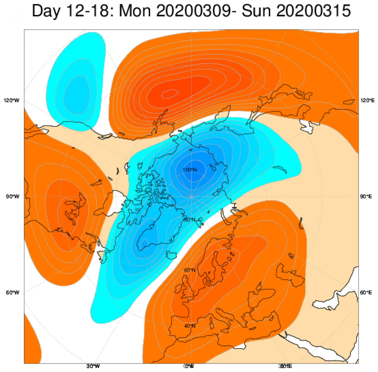 Media di ensemble del modello inglese ECMWF relativa all'anomalia di Altezza di Geopotenziale a 500 hPa (circa 5.500 metri) per il periodo 9-15 marzo 2020 