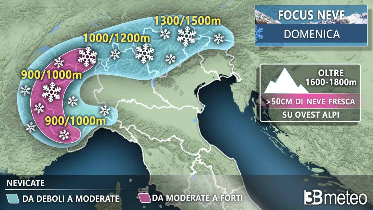 Muita neve chegará aos Alpes no fim de semana, e depois aos Apeninos também.  Aqui estão as anomalias e acumulações « 3B Meteo