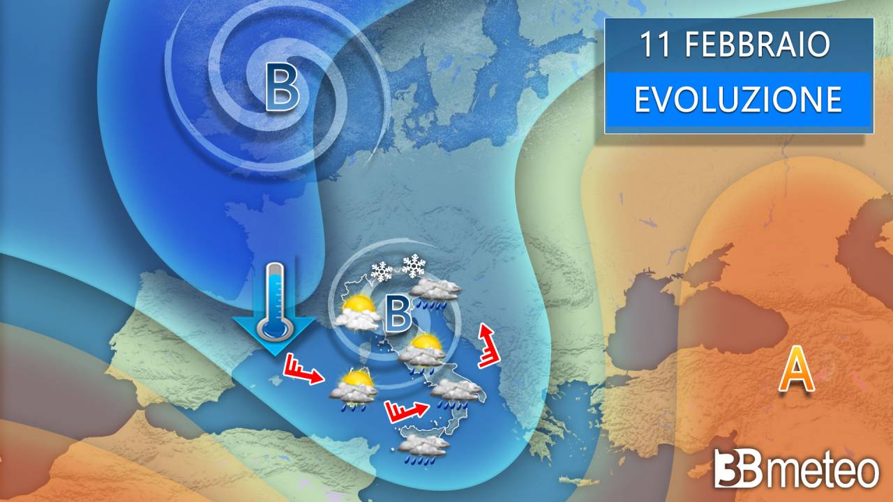 A vortex centered over northern Italy on Sunday, with more rain, strong winds and snow.  Forecast « 3B Meteo