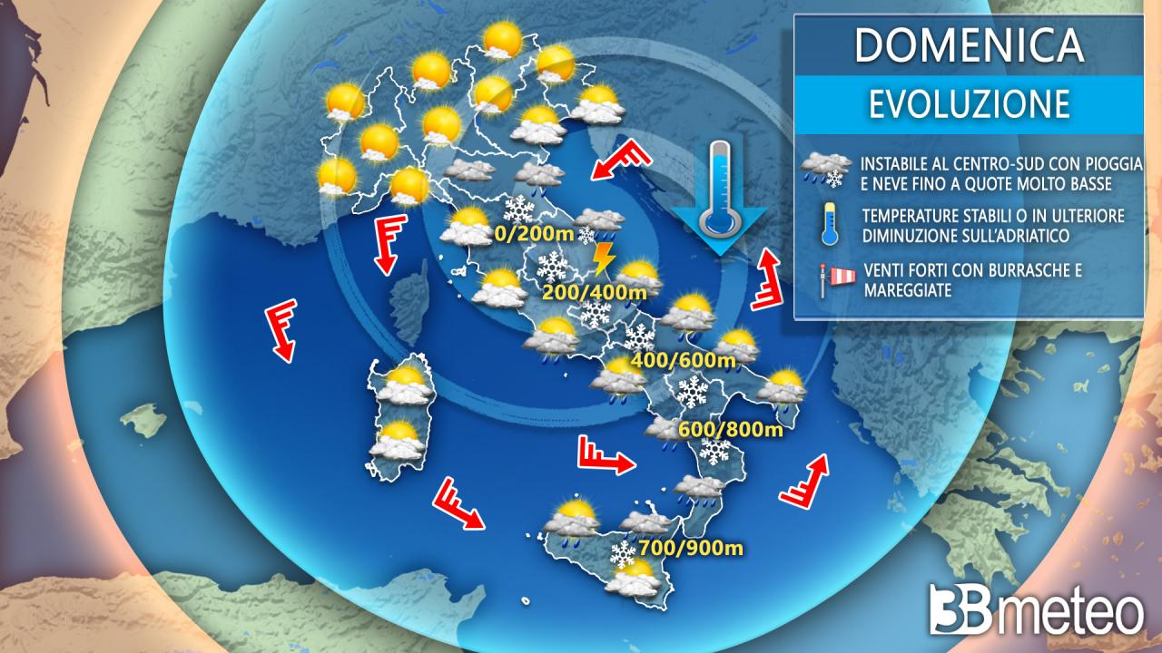 A cold Mediterranean cyclone remains active on Sunday with rain, thunderstorms and snow at very low elevations.  Forecast « 3B Meteo