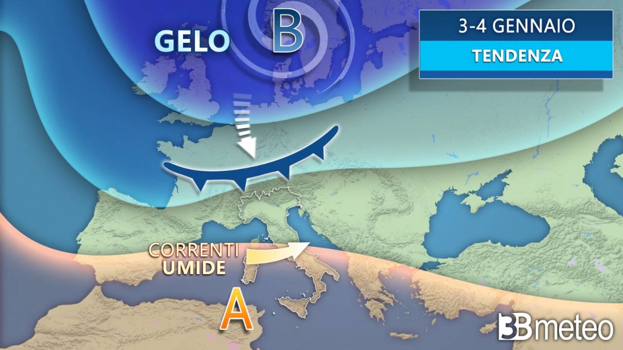 Evolução do clima de 3 a 4 de janeiro na Itália e na Europa