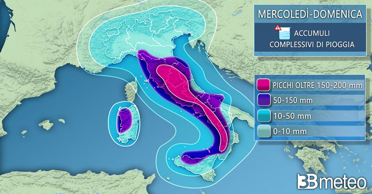 Meteo Italia: gli accumuli complessivi previsti tra mercoledì e domenica