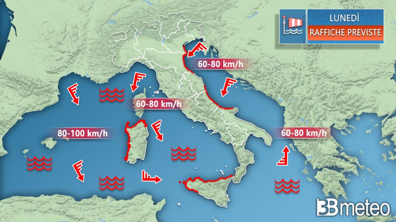 Meteo Italia: i venti previsti lunedì