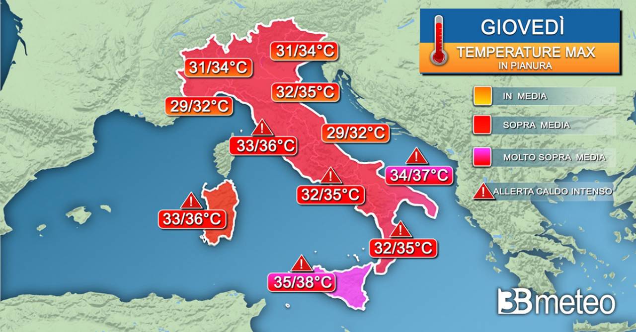 Meteo Italia: le temperature massime previste giovedì