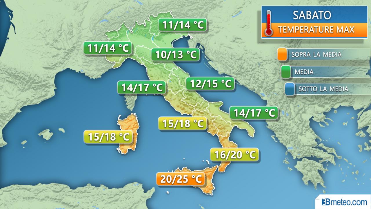 Meteo Italia: le temperature previste sabato