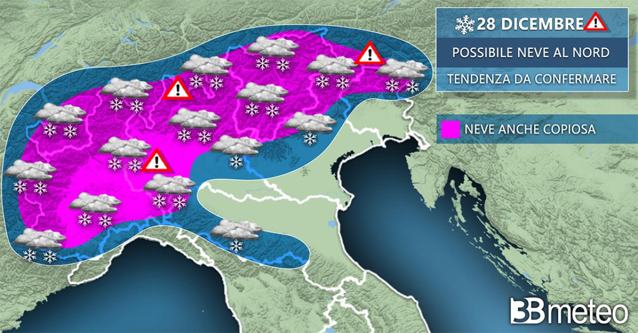 Meteo Italia: le zone a rischio neve in pianura ad oggi per il 28 dicembre