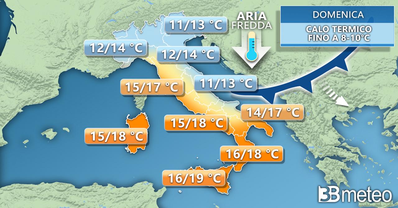 Meteo Italia: temperature massime previste domenica
