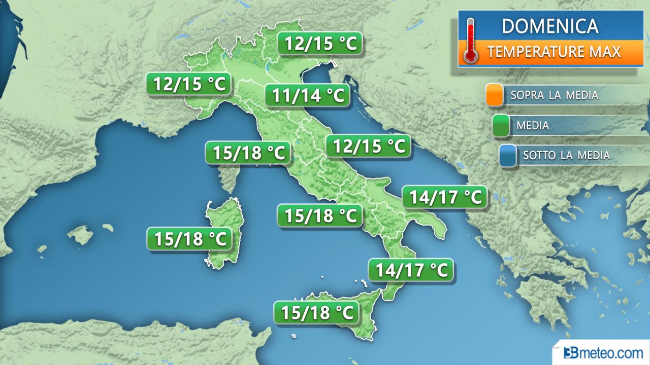 Meteo Italia: temperature previste domenica