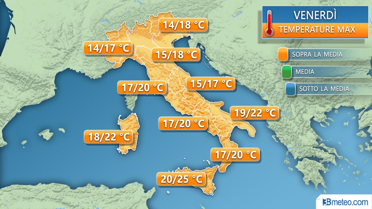 Meteo Italia: temperature previste venerdì