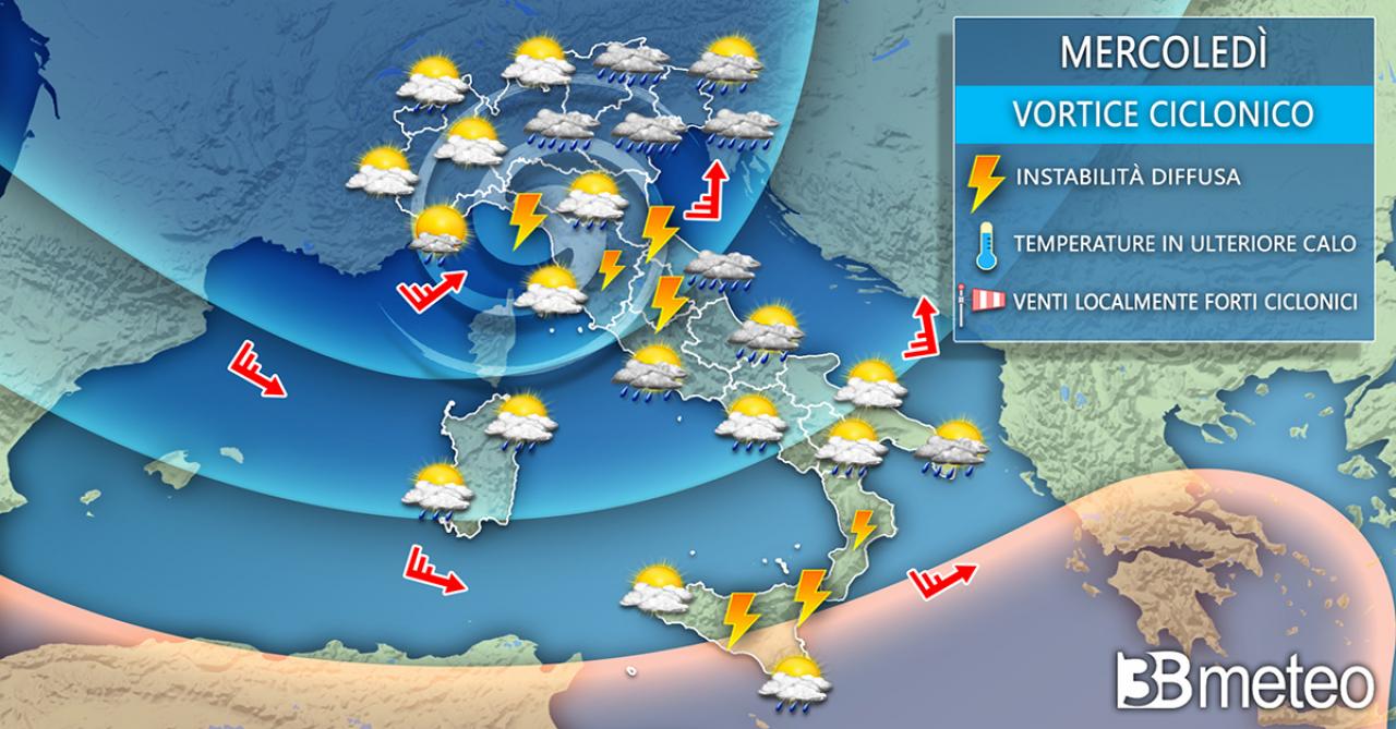 Meteo mercoledì: ancora rovesci e temporali in azione sull'Italia