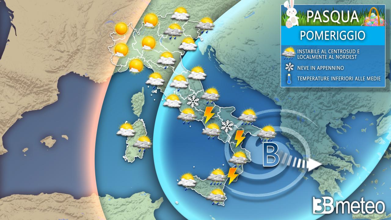 Cronaca Meteo Pasqua - Vortice freddo sullo Ionio. Ancora rovesci, temporali, grandine e neve su parte d'Italia. Situazione con foto, video e previsione prossime ore.