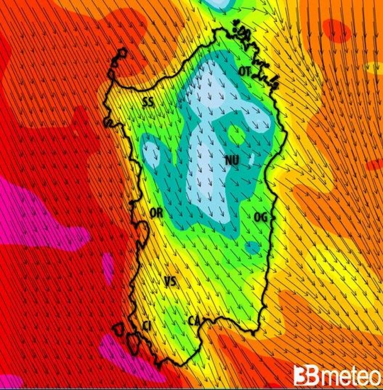 Meteo Sardegna: il vento previsto nella notte tra lunedì e martedì, in rosso raffiche di oltre 60-80km/h