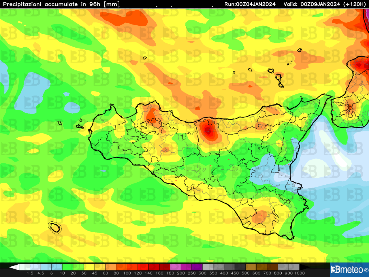 Meteo Sicilia - Le precipitazioni complessive (mm) attese fino all'8 gennaio 2024. Azzurro-verde: deboli-moderate (<20 mm); giallo-arancio: da moderate ad abbondanti