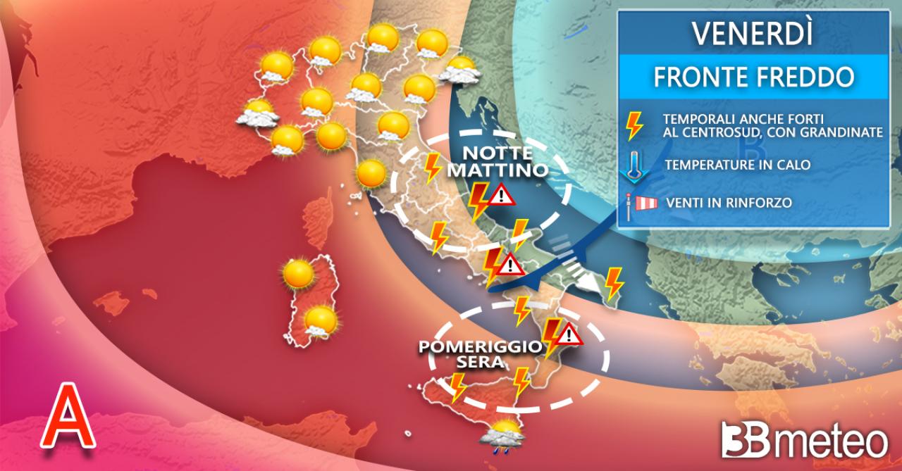 Meteo Venerdì Italia: temporali anche forti dal Centro verso Sud