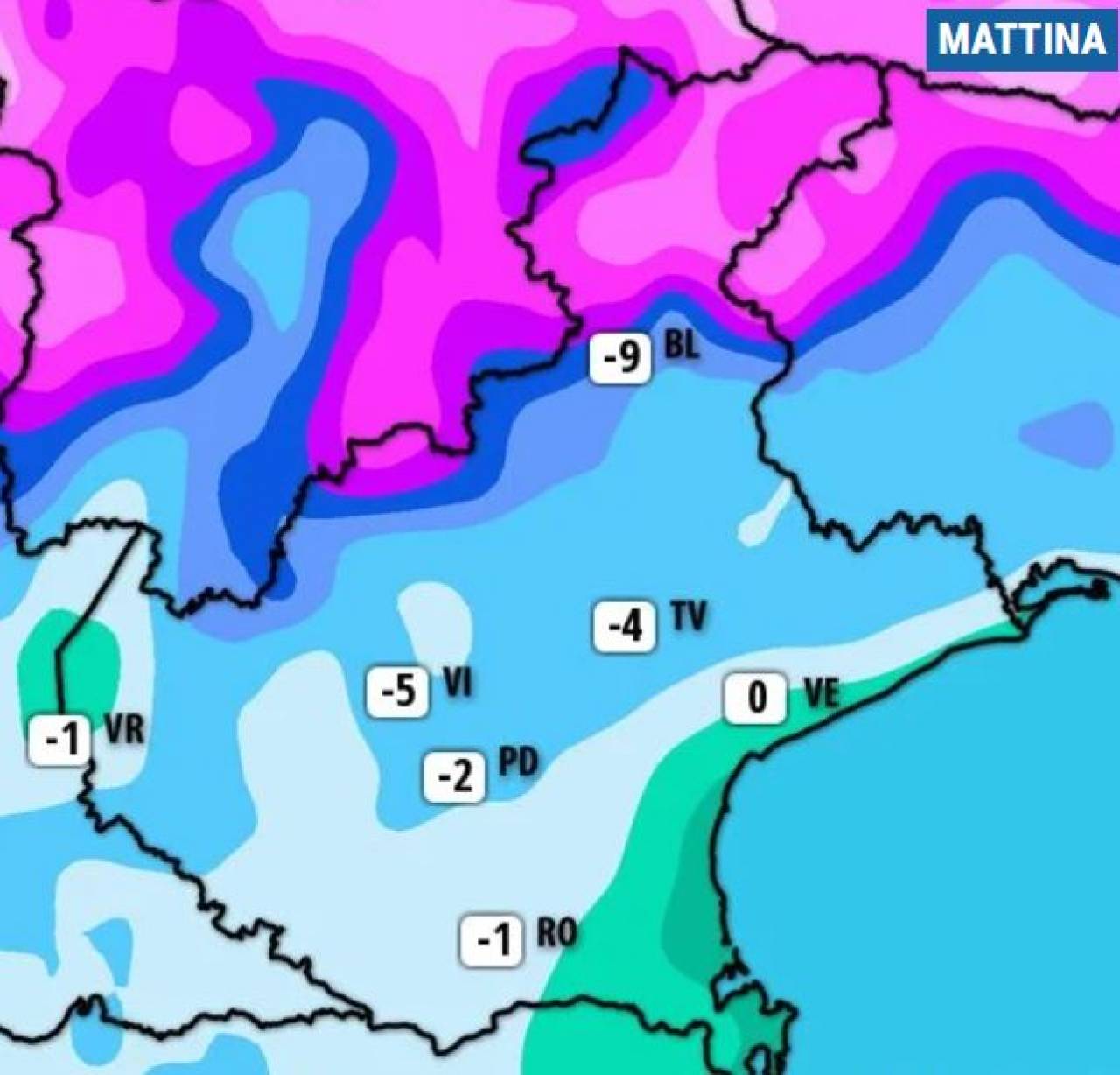 Meteo Veneto: le temperature minime previste martedì mattina in pianura