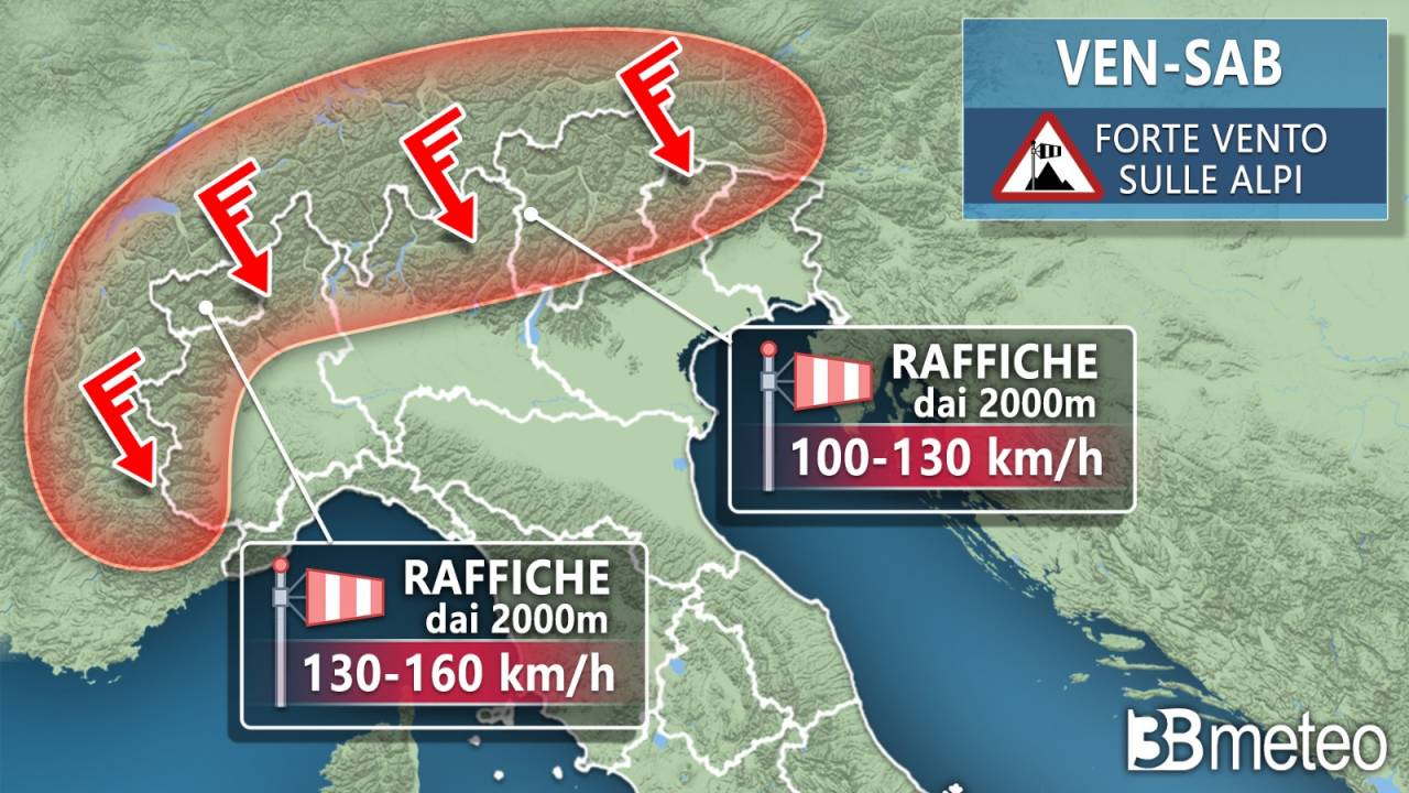Meteo: vento forte sulle Alpi tra venerdì e sabato