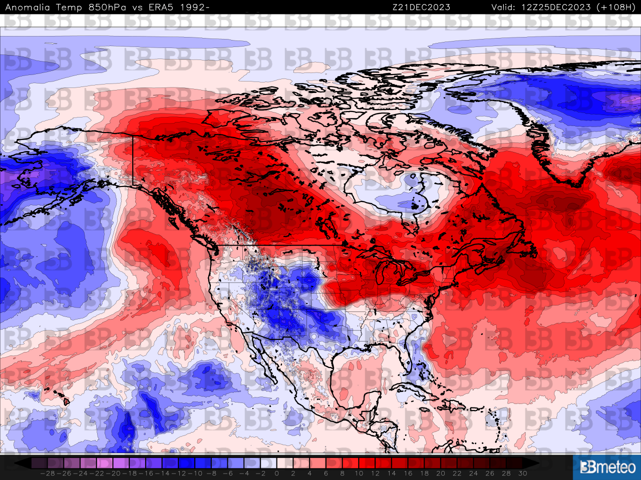 Nord America. Anomalie termiche previste per il giorno di Natale