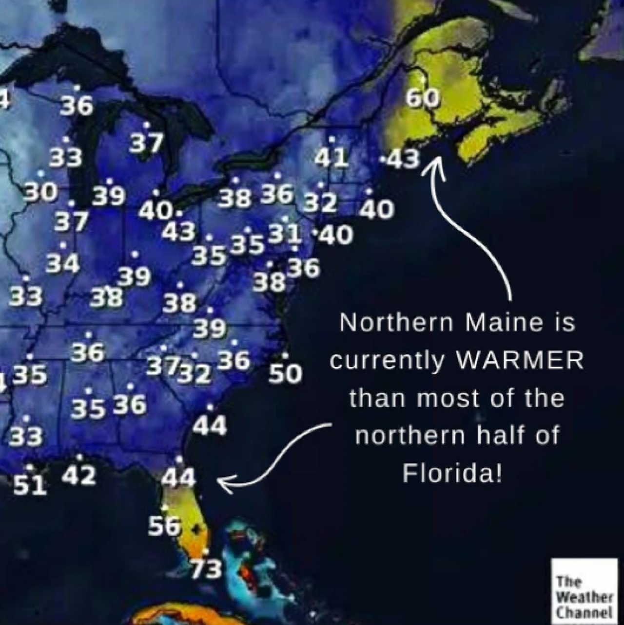 Più caldo nel Maine (T intorno ai 15°C) che su mezza Florida (T intorno ai 6°C)