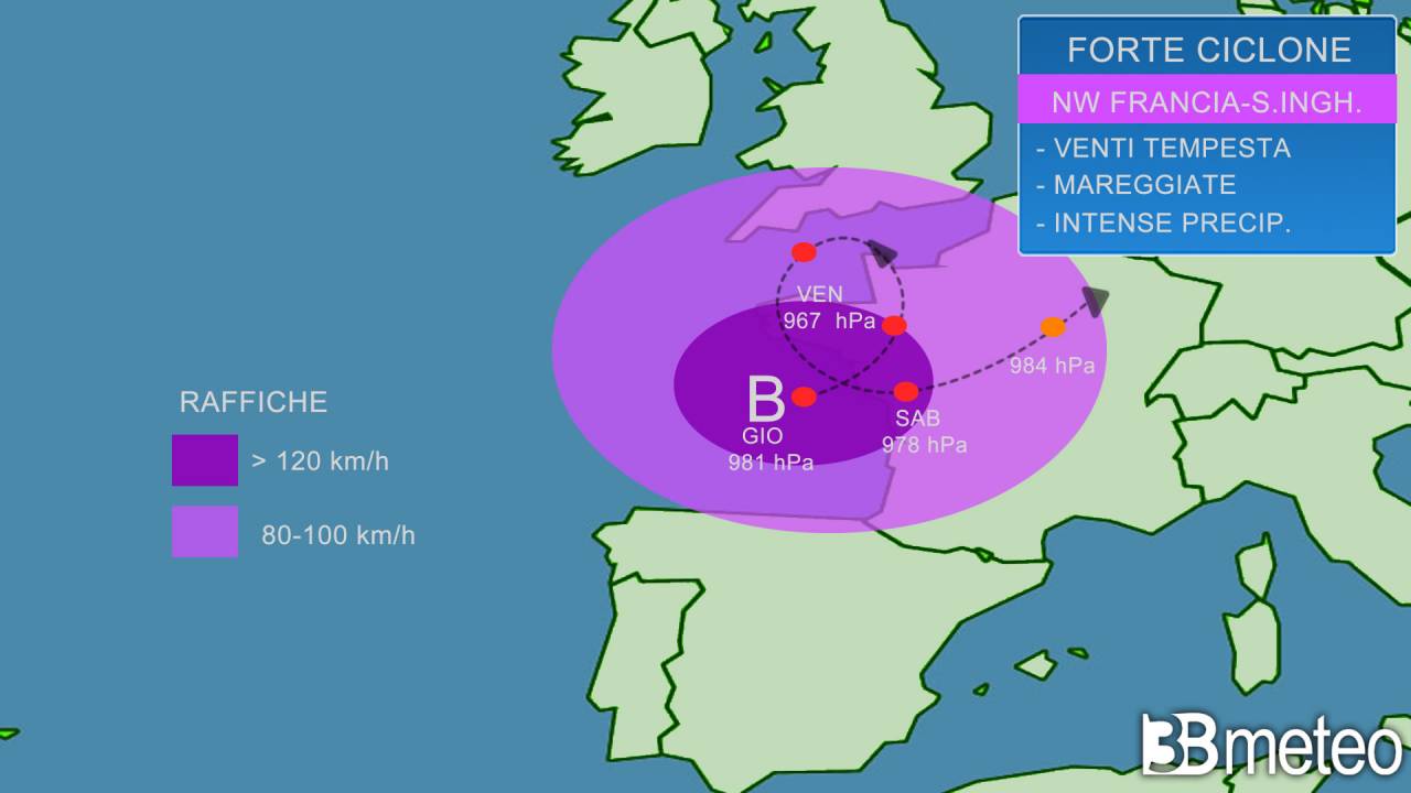 potente ciclone in arrivo tra Francia e Inghilterra