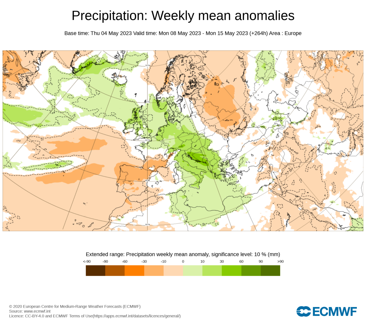 precipitazioni sopra media nella seconda decade di maggio, fonte Ecmwf