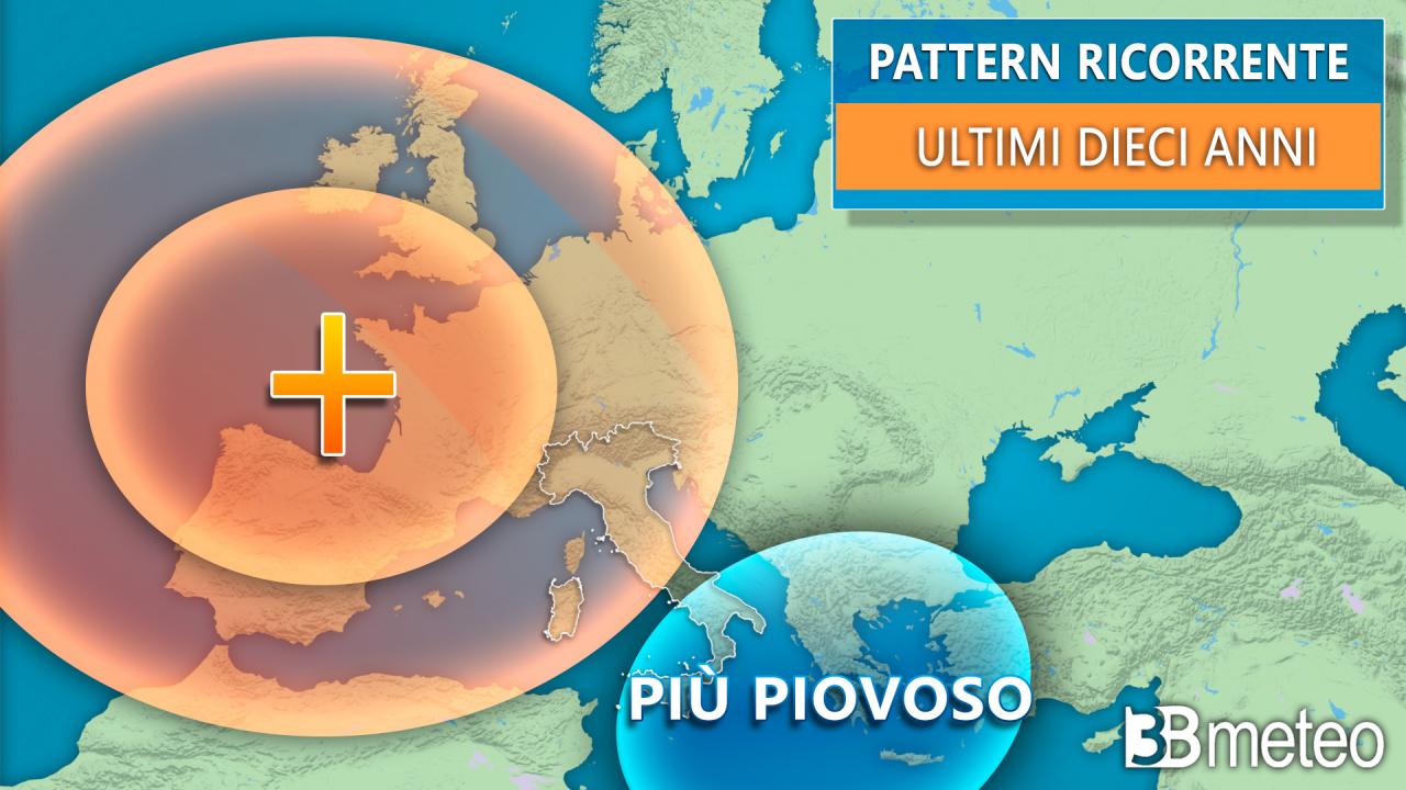 Pressioni superiori alla media sull'Europa centro-occidentale, maggiore piovosità favorita sul Mediterraneo meridionale e orientale