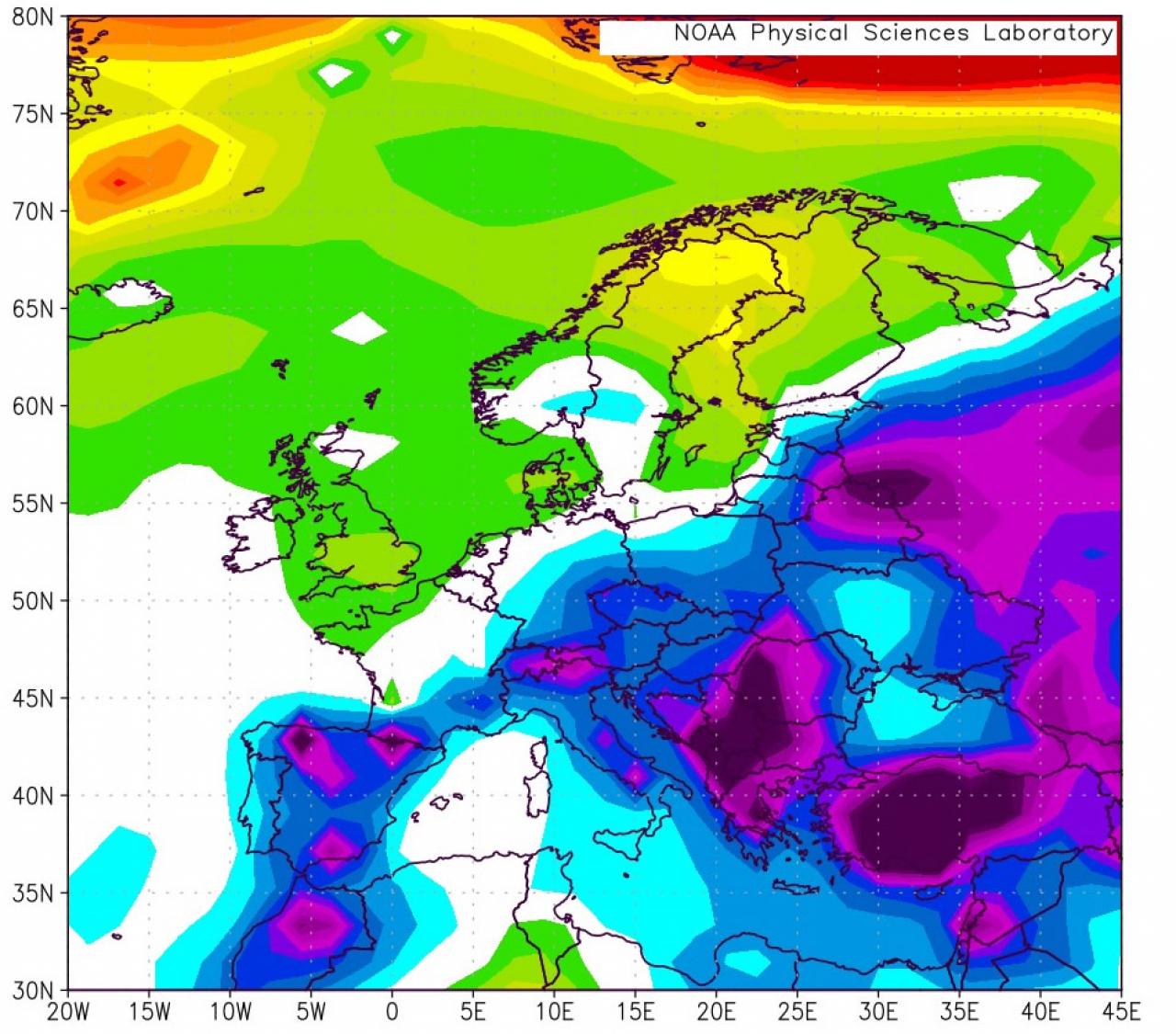 prima parte di primavera fredda in Europa, anomalie termiche a 2m