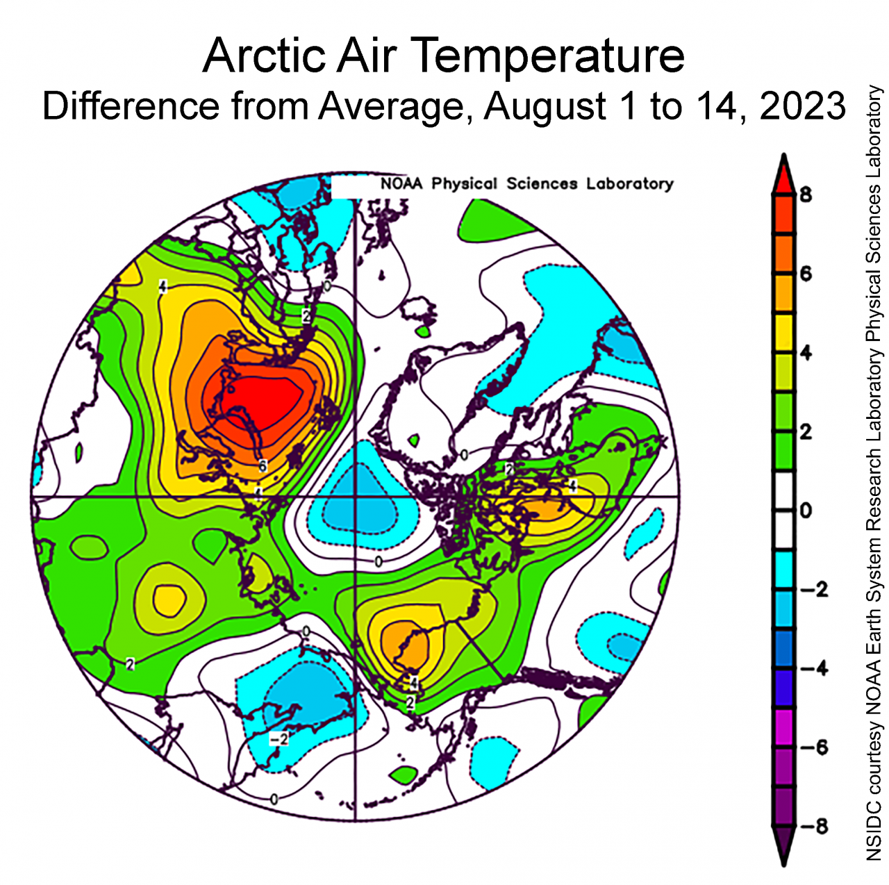 Scarti termici sull'Artico rispetto alla media 1981/2010 ad una quota di circa 750m. (Fonte: National Snow and Ice Data Center)