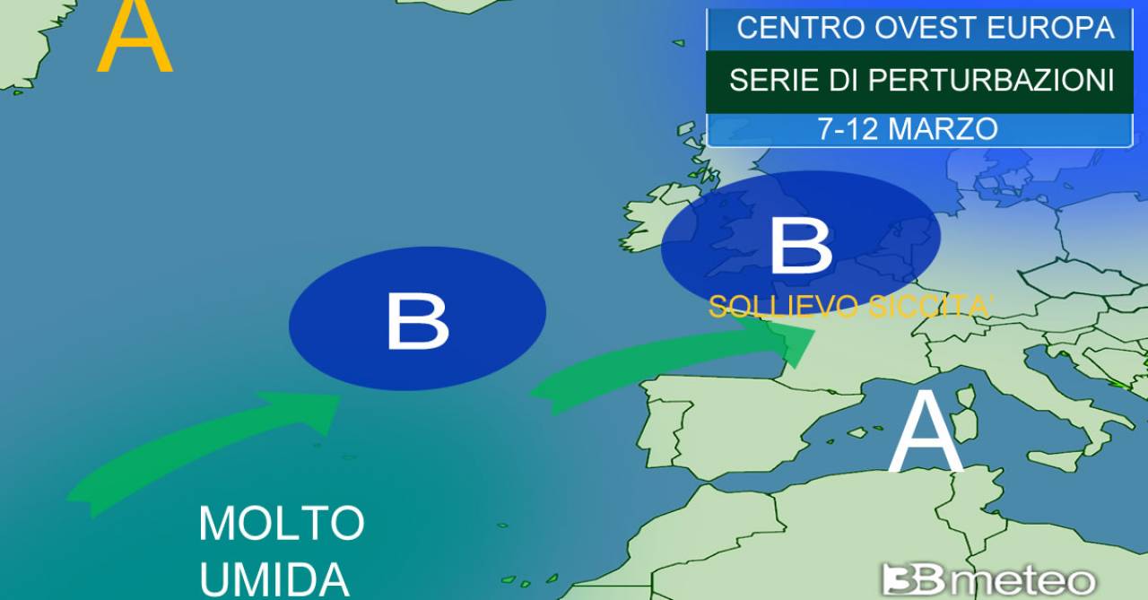 weather forecast.  Drought, series of disturbances reach central western Europe «3B Meteo