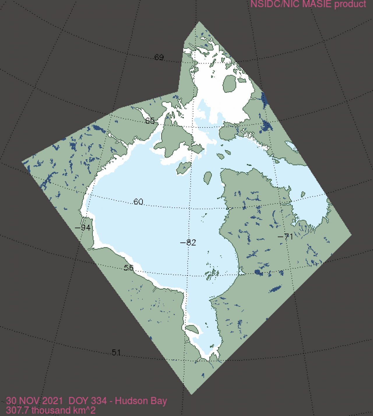 Situazione sulla Baia di Hudson: in bianco l'area ricoperta di ghiaccio (Fonte: US National Ice Center e National Snow and Ice Data Center)