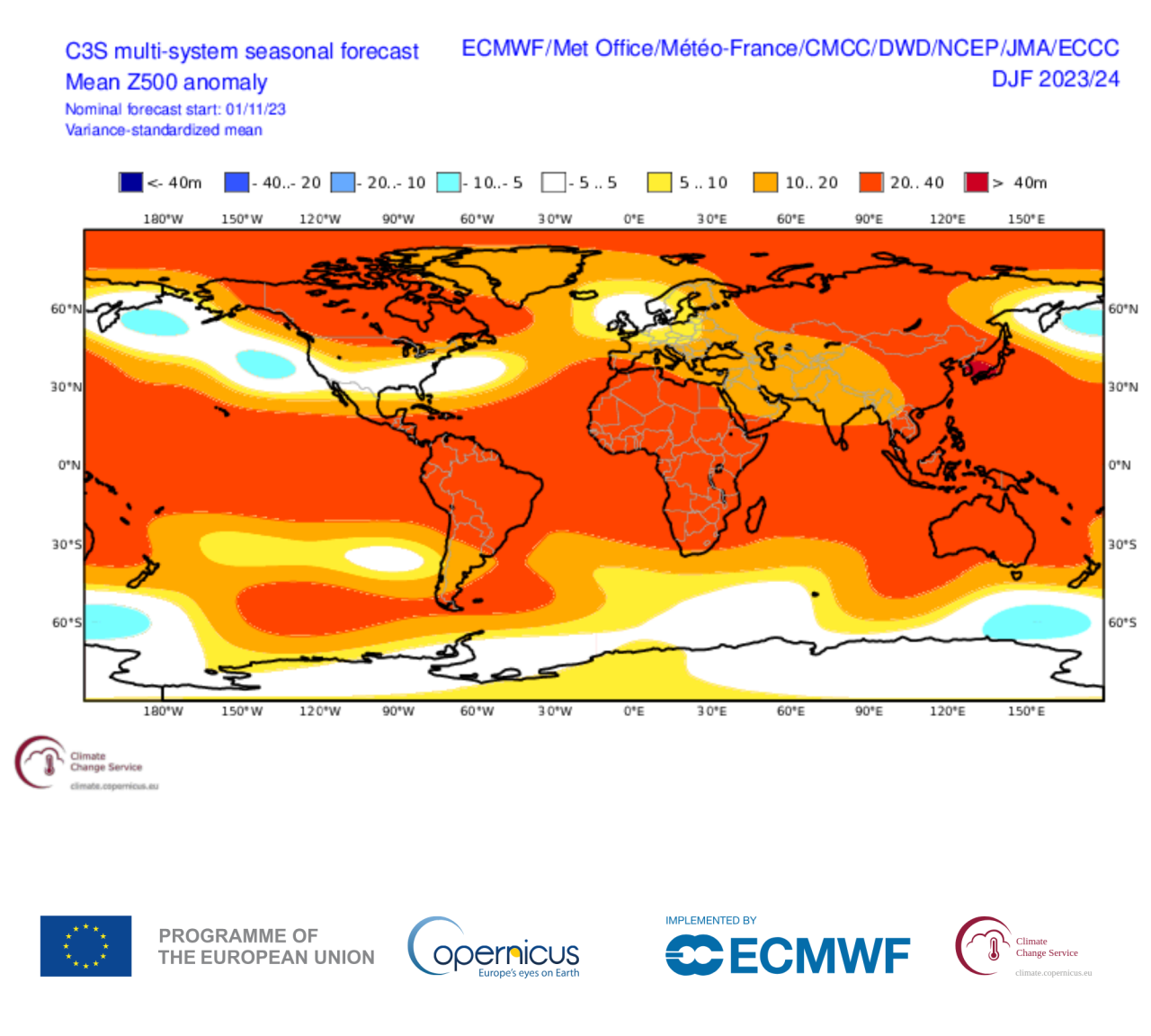 Winter weather trend 2023-2024, forecast distribution from the Copernicus multiple system.  Video «3B Weather