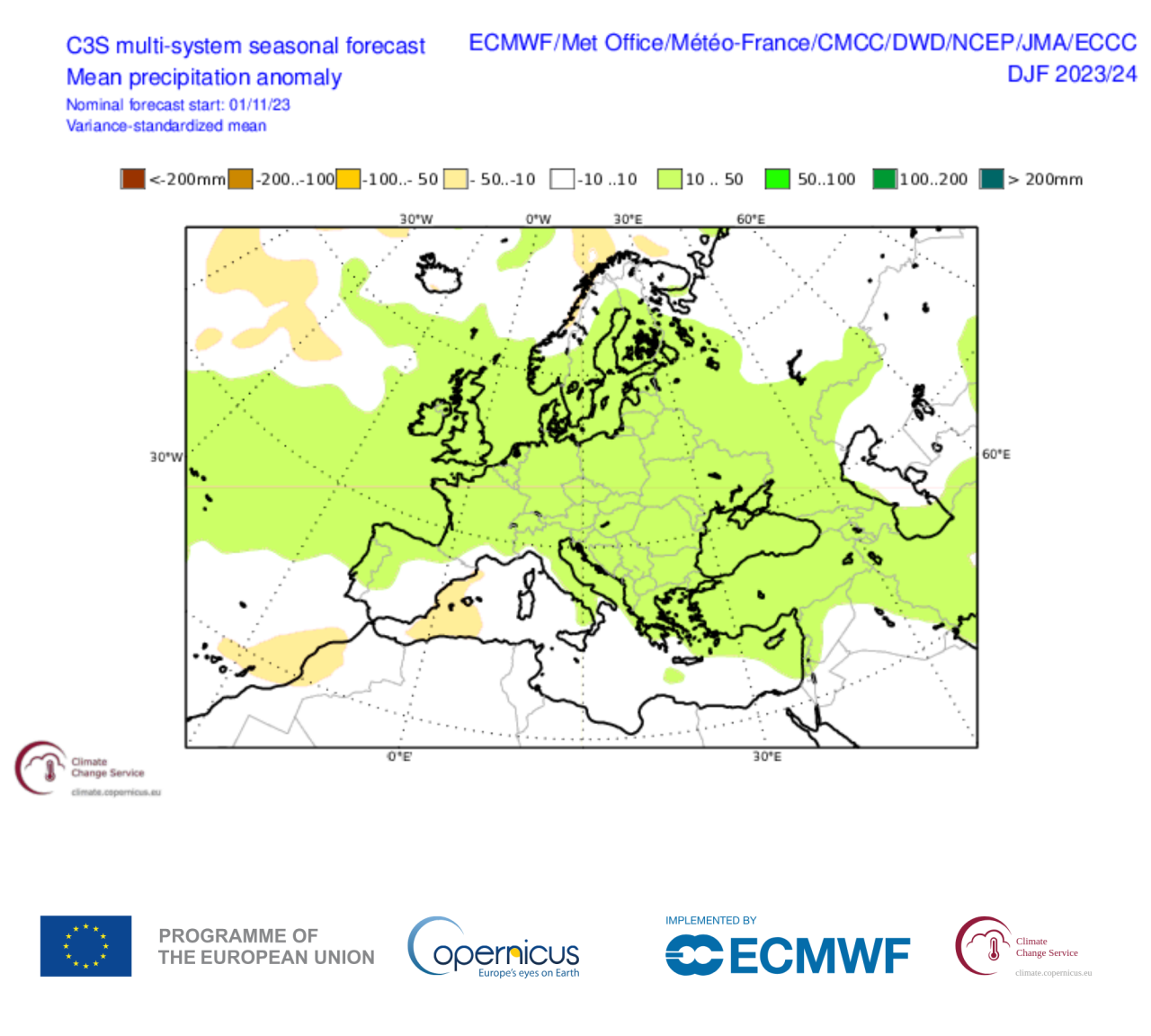 Seasonal forecasts proposed by the Copernicus multiple system: precipitation