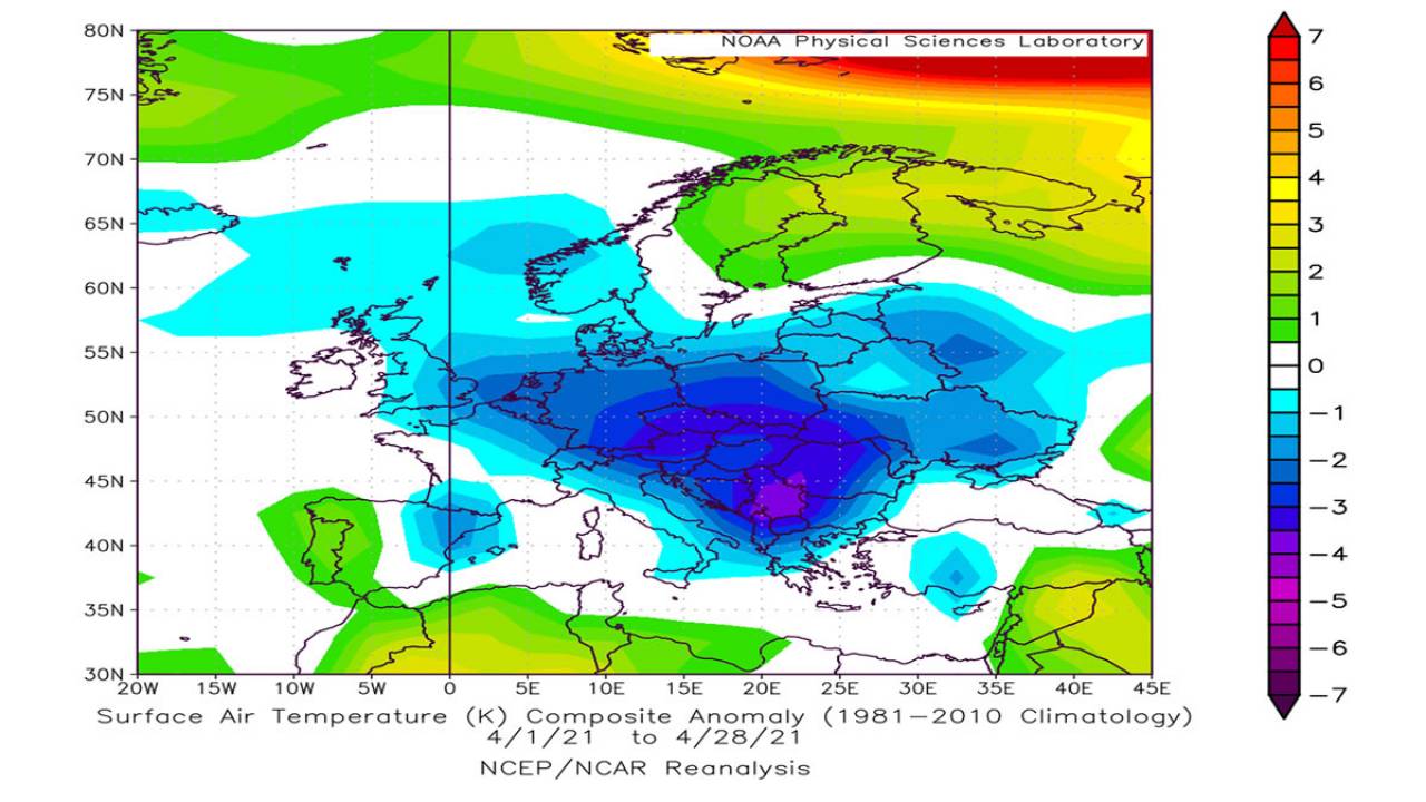 temperature, anomalie in Europa (fonte mappa ncep/noaa)
