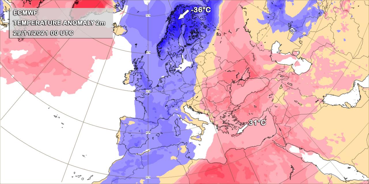Temperature anomaly at 2m for 29/11