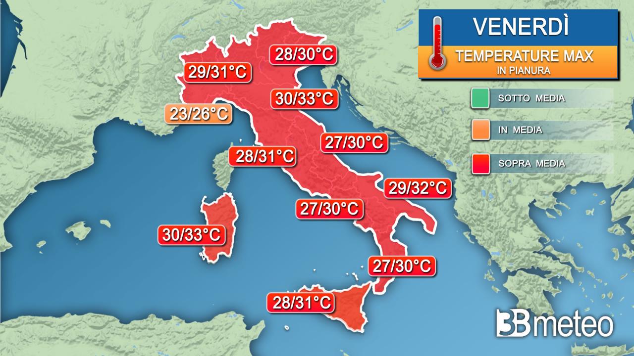 Temperature massime attese venerdì sull'Italia