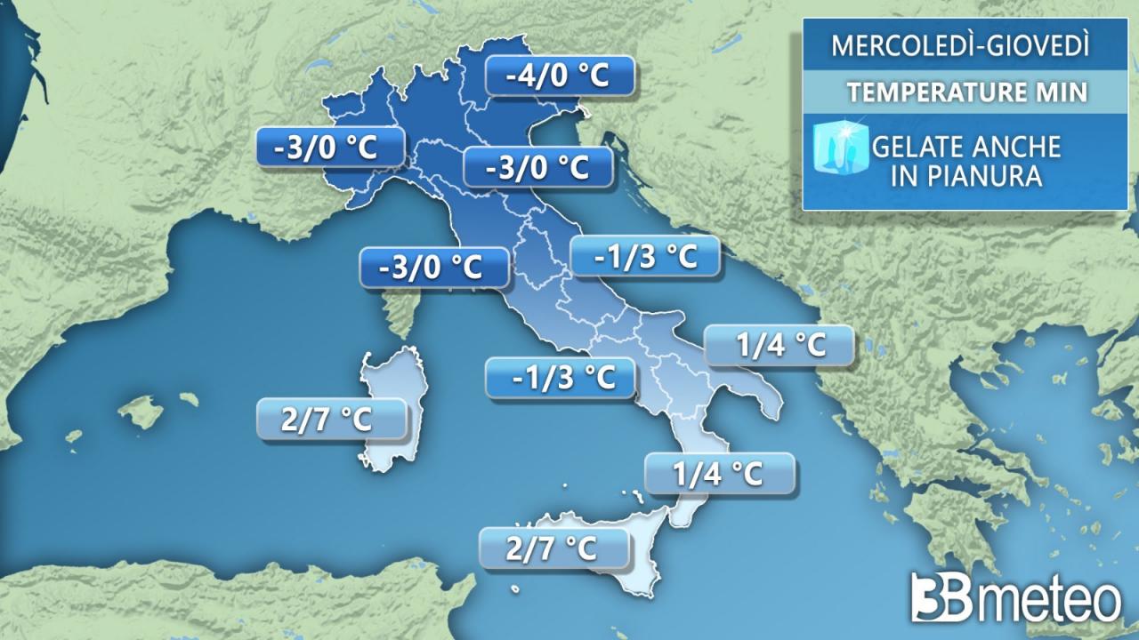 Temperature minime tra mercoledì e giovedì in Italia