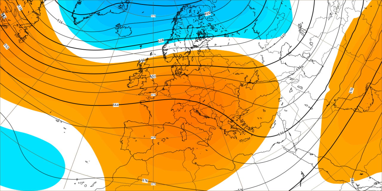 Tendenza meteo: anomalie di geopotenziale a 500hPa secondo il modello ECMWF per il periodo 13-20 febbraio