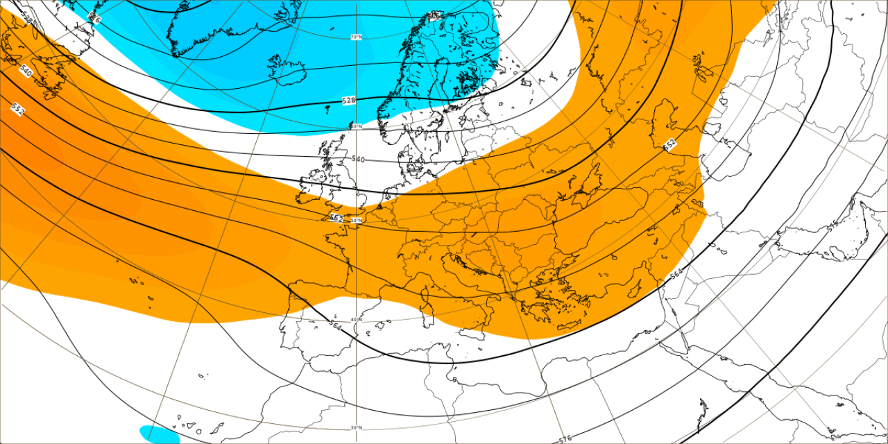 Tendenza meteo: anomalie di geopotenziale a 500hPa secondo il modello ECMWF per il periodo 20-27 febbraio