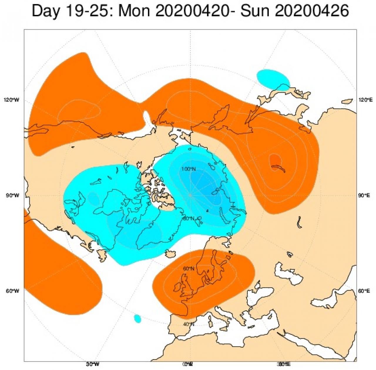  Tendenza meteo: le anomalie di geopotenziale previste nel periodo 20-26 aprile secondo il modello ECMWF
