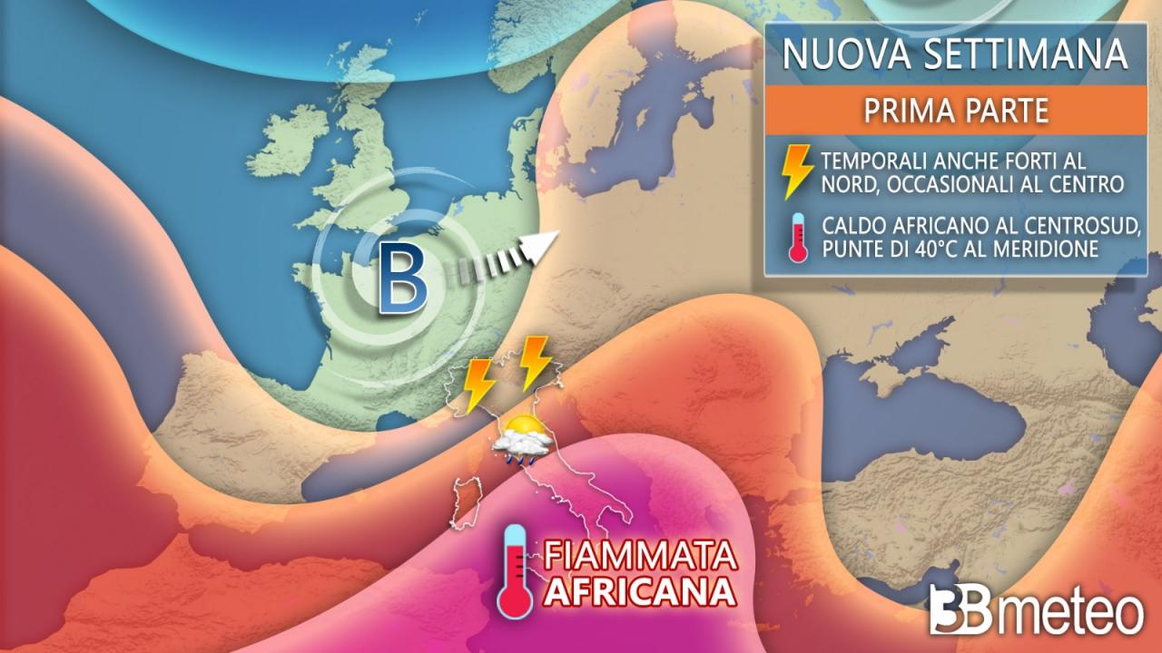 Tendenza meteo prossima settimana, tra forti temporali e caldo africano