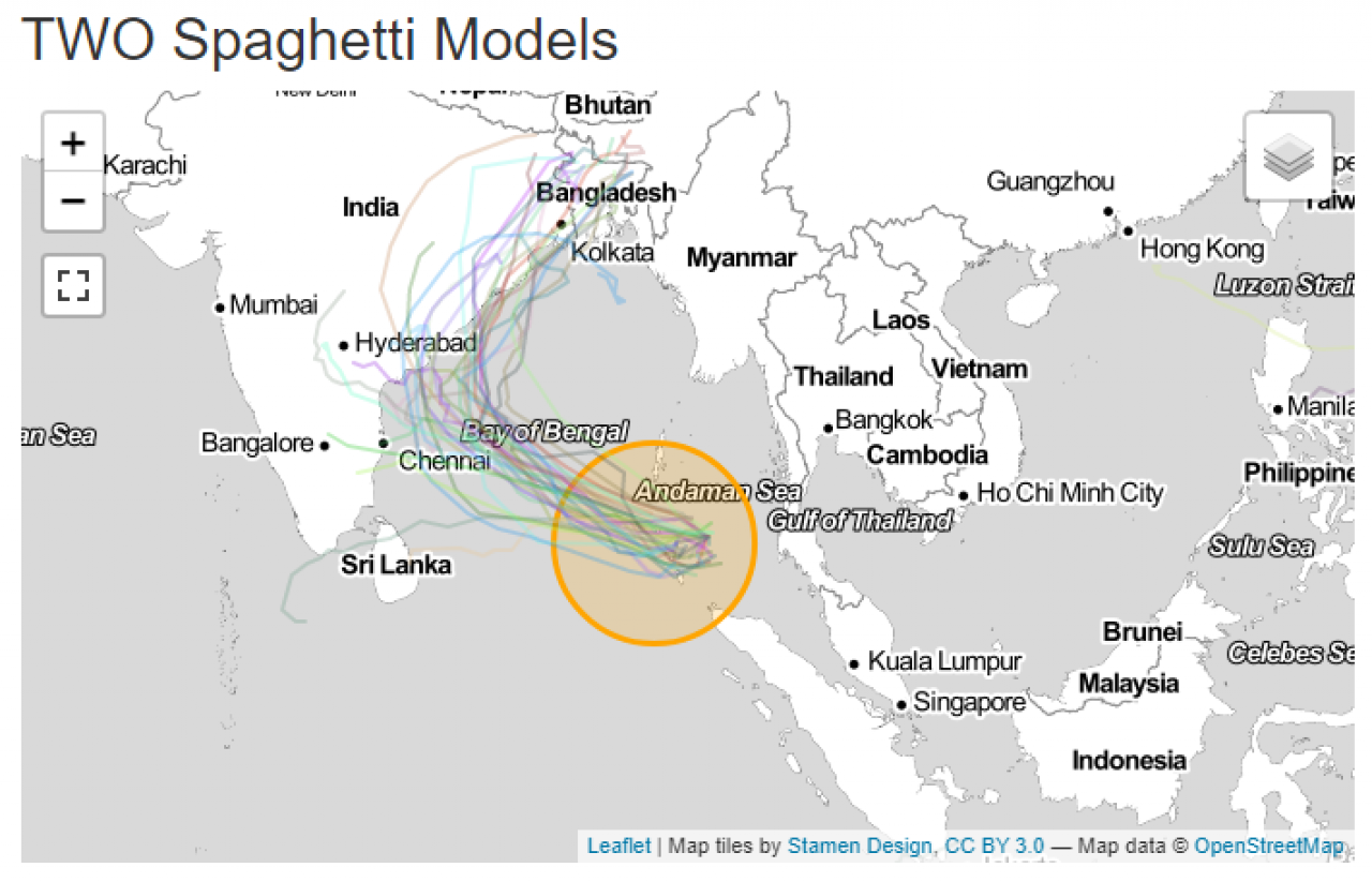 Traiettoria possibile tempesta tropicale sull'India orientale