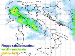 Le piogge previste Sabato mattina, secondo il modello ECMWF per 3bmeteo. Verdi= moderate; gialle=forti