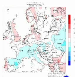 Anomalie di temperature settimana 25-31 Agosto in Europa (fonte NOAA)