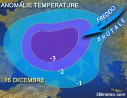 Anomalie temperature previste per il 16 Dicembre sulla Penisola