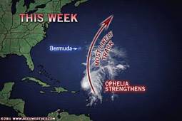 Spostamento previsto dell'Uragano Ophelia (fonte accuweather.com)