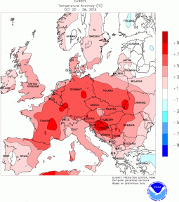 Anomalie di temperature settimana 20-26 Ottobre in Europa (fonte NOAA)