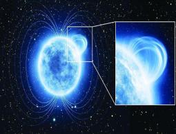  [Esplora il significato del termine: Elaborazione grafica della magnetar SGR 0418+5729. Panoramica e dettaglio sulla regione della stella che ha fatto registrare il campo magnetico più intenso dell’universo (Esa-Atg Medialab)] Elaborazione grafica della 