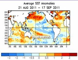 Le anomalie termiche globali delle acque superficiali, notare quelle positive del Nord Atlantico